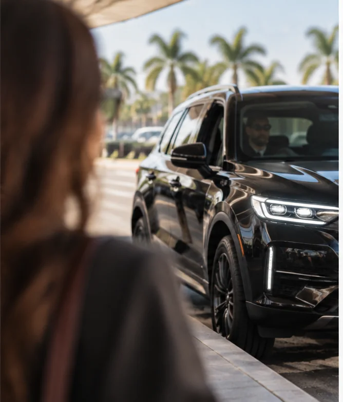 Over-the-shoulder view of a black SUV pulling up at the curb